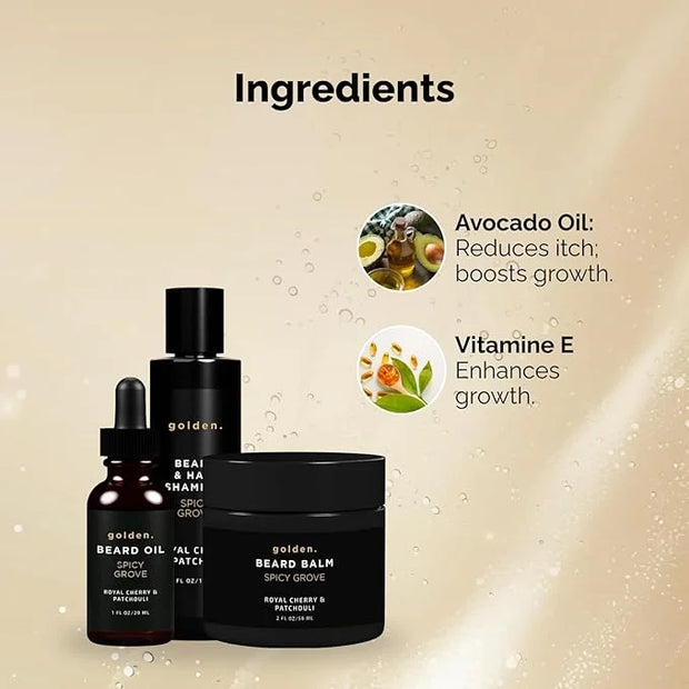 Golden Grooming Co. Everyday Beard Bundle – Complete Beard Care Set | Includes Beard Oil, Balm & Shampoo (Regular, Spicy G...