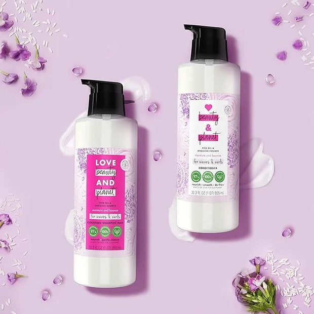 Love Beauty and Planet Shampoo Milk Moisture and Bounce for Waves and Curls Rice Oil and Angelica Essence 100 percent Biod...