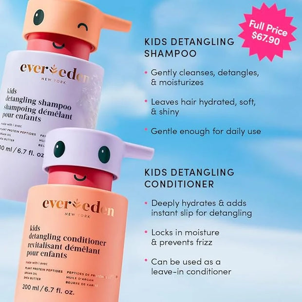Evereden Kids Haircare Set: Hair Detangling Shampoo & Conditioner for Children Ages 3+, Plant Protein Peptides & Argan Oil...