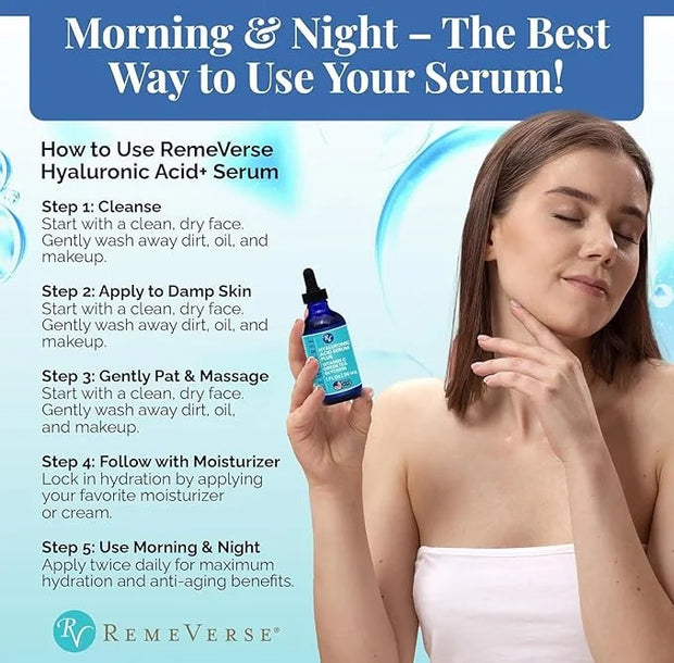 RemeVerse Hyaluronic Acid Serum with Vitamin C & Green Tea Extract - 100% Pure Formulation for Face, Lips & Décolleté - In...