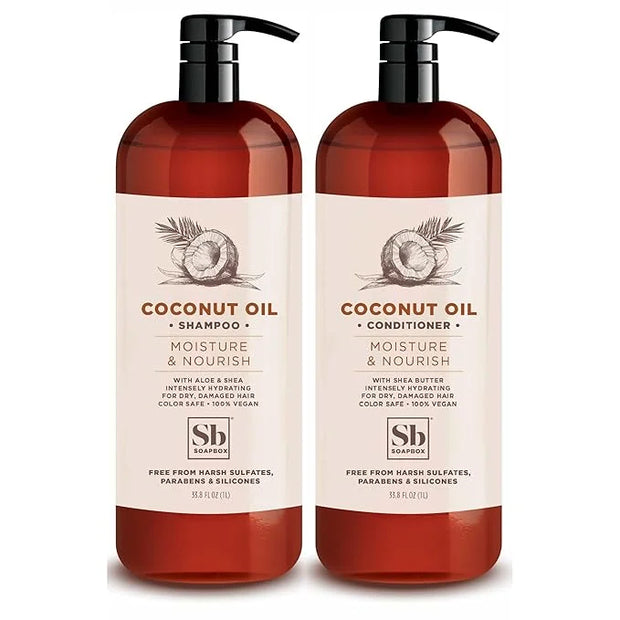 Soapbox Shampoo and Conditioner Set with Coconut Oil, Jojoba Oil, Aloe and Shea Butter to Moisturize and Nourish for All H...