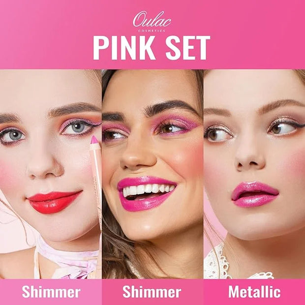 Oulac 3PCS Pink Lipstick Set | Metallic Lipstick, Moisturizing Lipstick, Lip Liner Stick | Smooth & Vegan | Ideal for Make...