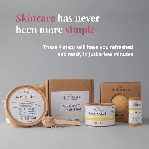 J&L Naturals Simple Skin Regimen Kit With Cleansing Bar, Face Salve, Konjac Sponge, Lip Balm | For Oily, Dry, Mature, and ...