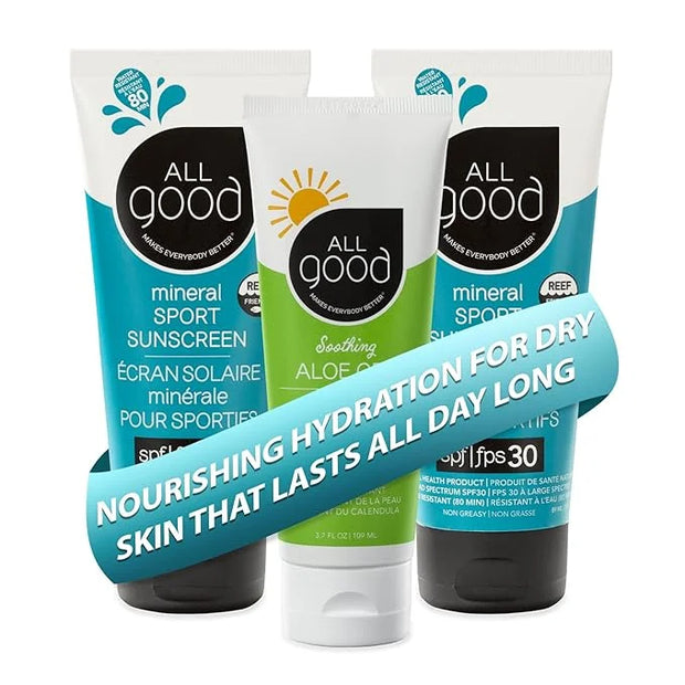 All Good Sport Mineral Sunscreen & Aloe Gel Bundle - UVA/UVB Broad Spectrum SPF 30+, Water Resistant - Includes (2) SPF 30...