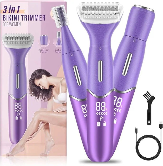 Bikini Trimmer for Women, 3 in 1 Painless Electric Razors for Women, Replaceable Lady Facial Razor & Eyebrow Trimmer, Rech...