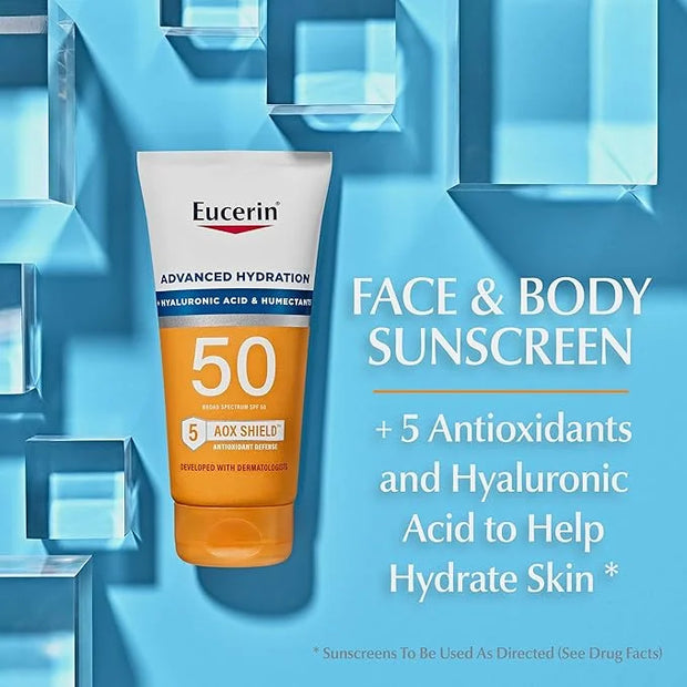 Eucerin Sun Sunscreen Pack with Hyaluronic Acid, Advanced Hydration SPF 50 Sunscreen Lotion, 5 Fl Oz Tube + Age Defense Fa...