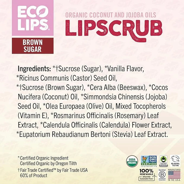 Eco Lips Brown Sugar Lip Scrub 2 Pack - 100% Organic Lip Care Treatment with Organic Sugar and Coconut Oil - Gently Exfoli...