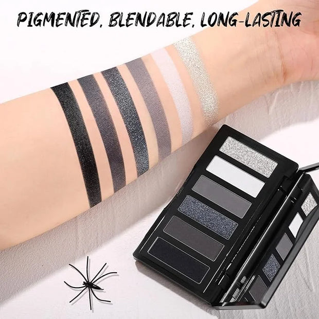 Black Eyeshadow Palette with Mirror Silver Gray Black Tones Matte Shimmer Smokey 6 Colors Mini Eye Shadow Pallet Travel Si...