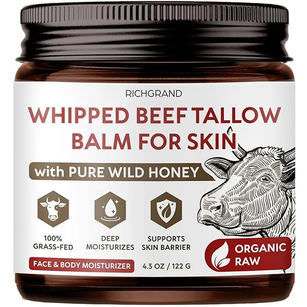Beef Tallow for Skin - Whipped Grass-Fed Moisturizer with Wild Honey & Beeswax, Natural Face & Body Care, Deep Hydration, ...