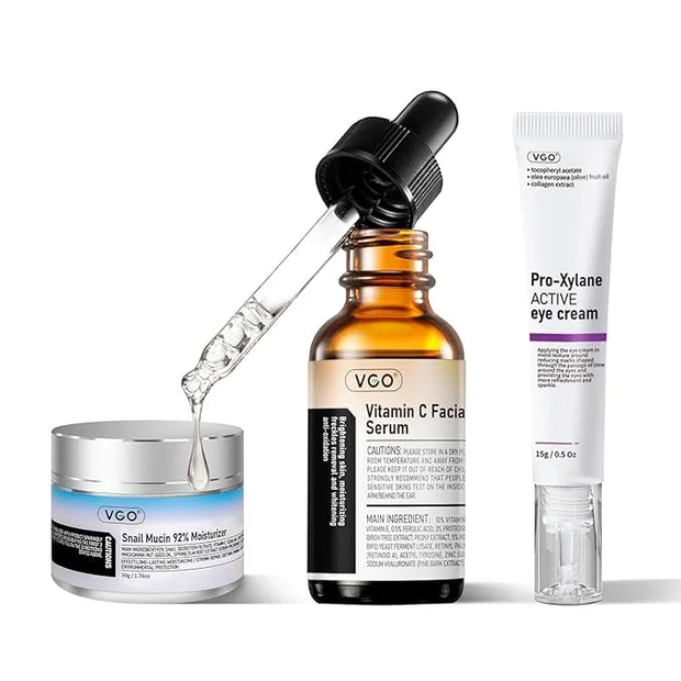 VGO Skin Care Set, with Snail Mucin 92% Moisturizer, Vitamin C Serum & Pro-Xylane Active Eye Cream, 3-Step Skin Care Kit, ...