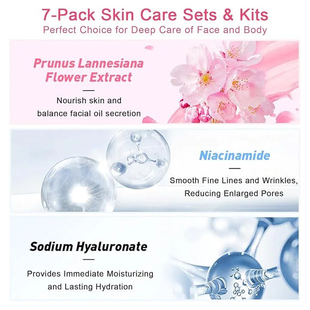 Skin Care Set JAPAN-SAKURA Women Beauty Gift Sets Skin Care Kit, Self-Care Skincare Set: Cleanser,Toner,Serum,Cream,Mud Ma...