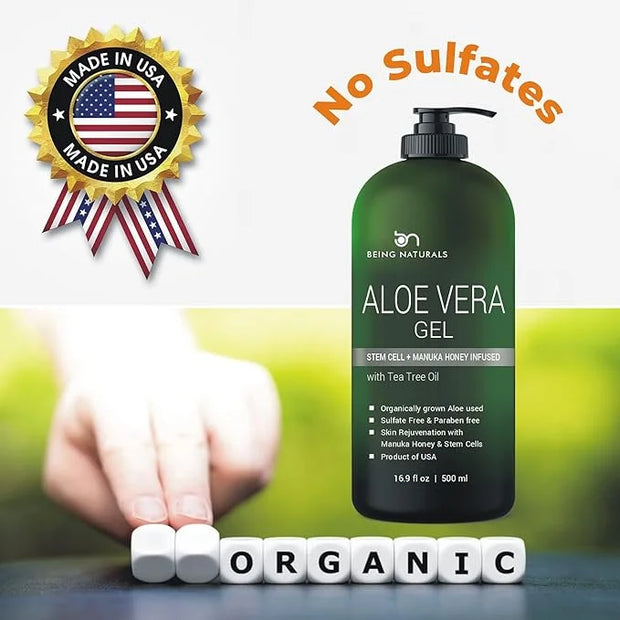 Aloe vera Gel - from 100% Pure Organic Aloe Infused with Manuka Honey, Stem Cell, Tea Tree Oil - Natural Raw Moisturizer f...