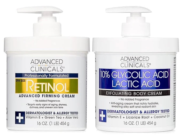 Advanced Clinicals Retinol Body Cream Moisturizer + Exfoliating 10% Glycolic Acid & Lactic Acid Lotion 2PC Skincare Set Fo...