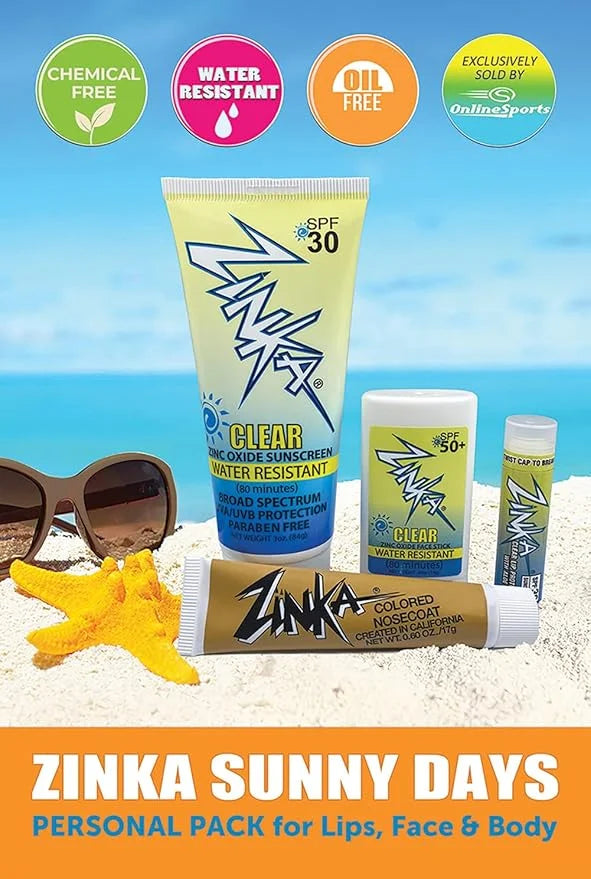 Zinka Sunny Days Personal Pack - SPF 30/50 - UVA & UVB Sunscreen Protection for Face, Body, Lips - Water Resistant, Oil Fr...