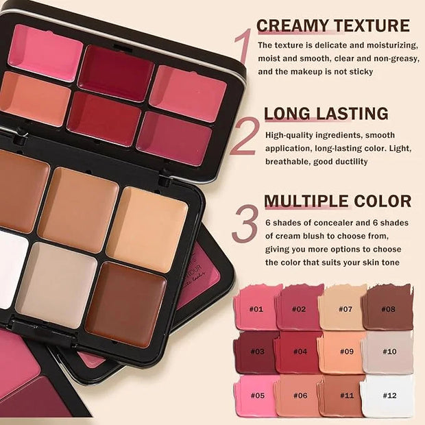 12 Colors Cream Blush Palette Cream Concealer Foundation Palette,Natural Matte Face Makeup Palette with Brush - Product Image