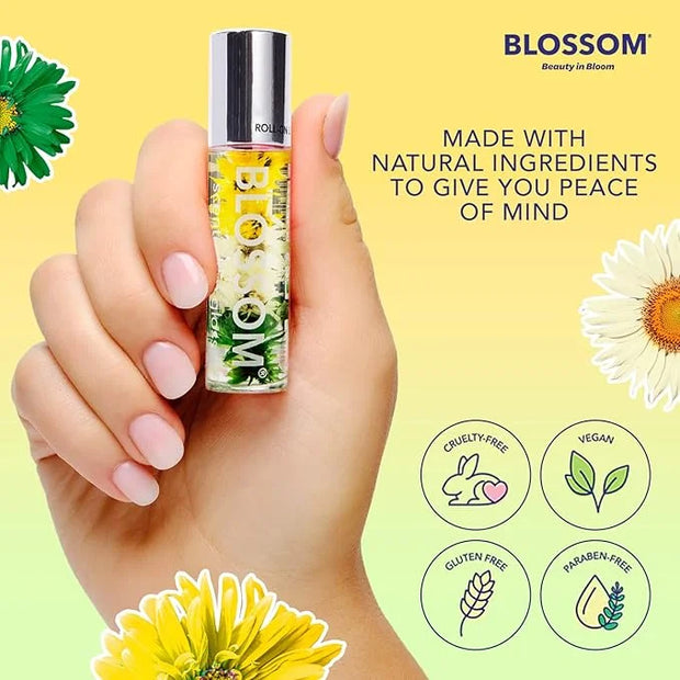 Blossom Roll on Lip Gloss, Scented Clear High Shine Moisturizing Lip Oil, Non Sticky, Infused with Real Flowers, Made in U...