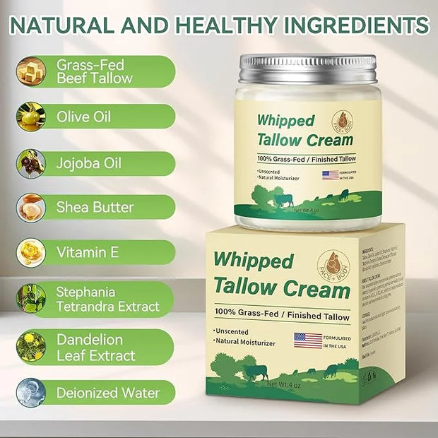 Beef Tallow for Skin, Organic Grass Fed Whipped Beef Tallow Moisturizer Deeply Nourishing for Face & Body, Natural Unscent...