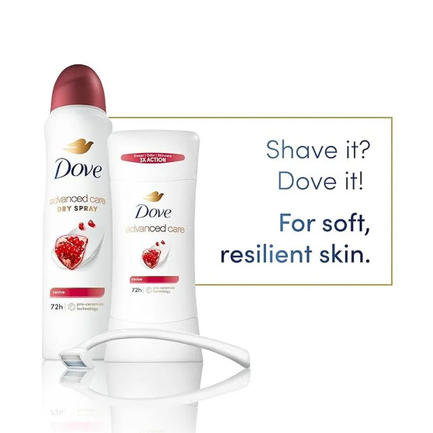 Dove Advanced Care Antiperspirant Deodorant Stick Revive to help skin barrier repair after shaving by boosting skin's cera...