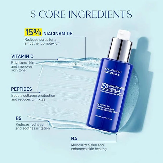 15% Niacinamide Serum With VC, B5, Hyaluronic Acid, Peptide 50ML - Under Eye Patches for Dark Circles, Reduce Wrinkles Puf...