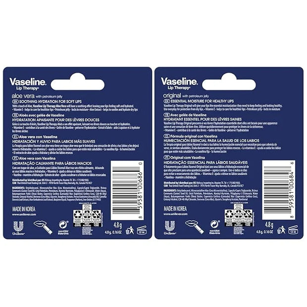 Vaseline Lip Therapy Variety 4-Pack – Original + Aloe Vera Moisturizing Lip Balm with Vitamin E, 0.16 Oz Ea - Product Image