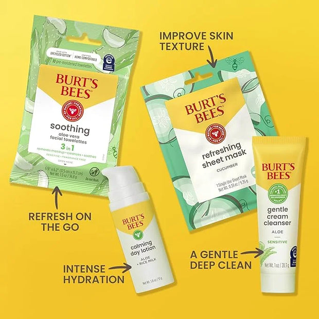 Burt's Bees Gentle Skin Care To-Go Set, Includes Cleanser, Towelettes, Lotion and Sheet Mask, Travel Size Facial Skin Care...