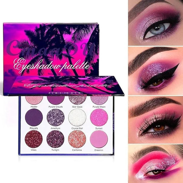 Purple Pink Glitter Eyeshadow Palette - 12 Color Shimmer High Pigmented Powder Lasting Waterproof Colorful Eyeshadow Palet...