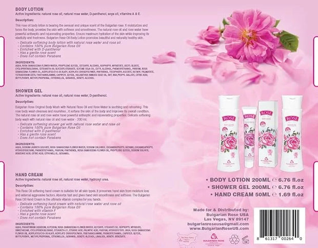 Bulgarian Rose Oil Moisturizing Body Care 3 Piece Gift Set - Natural Rose Body Lotion, Natural Rose Body Wash, Natural Ros...