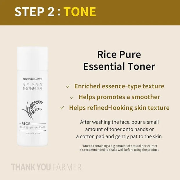 THANKYOU FARMER Rice Pure Glow Travel Kit, Mini Size Cleanser(1.05 fl oz), Mini Size Toner(1.05 fl oz), Mini Size Ampoule(...