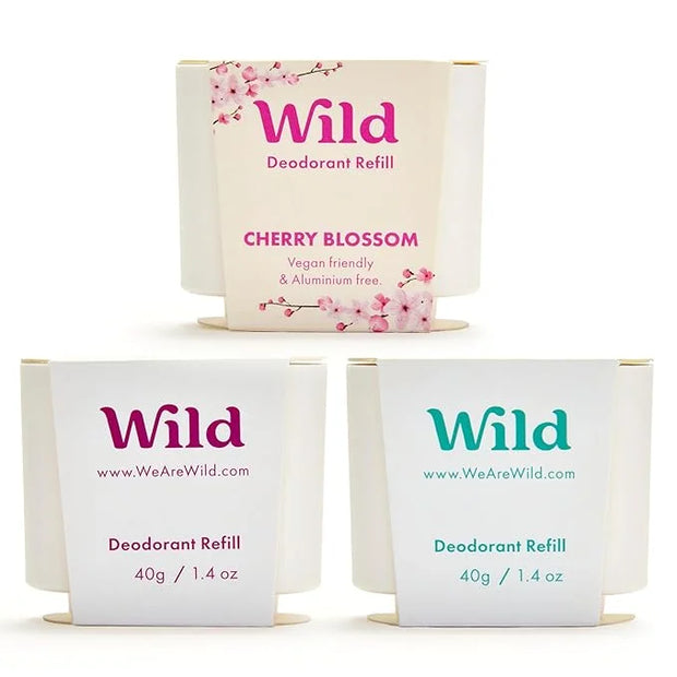 Wild - Refillable Deodorant Variety Pack - Aluminum Free - Scents Include Fresh Cotton & Sea Salt, Cherry Blossom and Coco...
