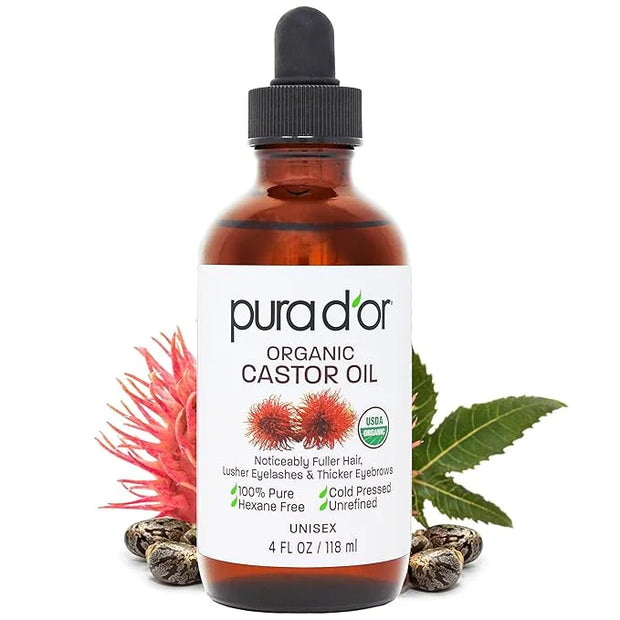 PURA D'OR 4 Oz ORGANIC Castor Oil - 100% Pure USDA Certified Cold Pressed, Hexane Free Eyelash & Eyebrow Serum - For Fulle...