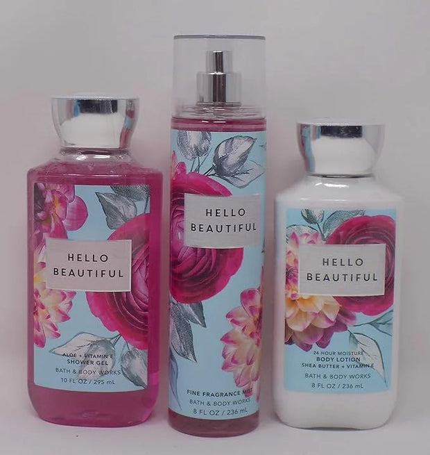 Hello Beautiful (White Gardenia, Jasmine, Magnolia, Pink Nectarine, Cotton Musk) Lot of Three Full Size 1- 10 oz Shower Ge...