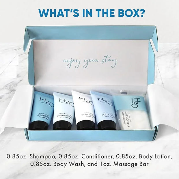 H2O Therapy Amenity Kit | Hotel Bulk Toiletries | 0.85 oz Shampoo, Conditioner, Lotion, Body Wash, Body Bar Soap for Guest...