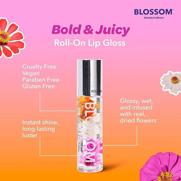 Blossom Roll on Lip Gloss, Scented Clear High Shine Moisturizing Lip Oil, Non Sticky, Infused with Real Flowers, Made in U...