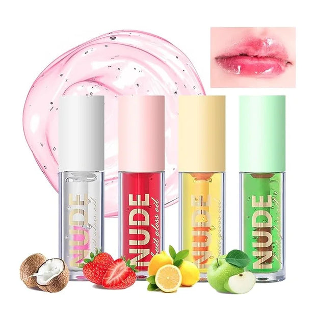 4 Pcs Plumping Lip Oil, Moisturizing Hydrating Lip Glow Oil Fruit Big Brush Head Lip Gloss Kit Smooth Glossy Finish Tinted...