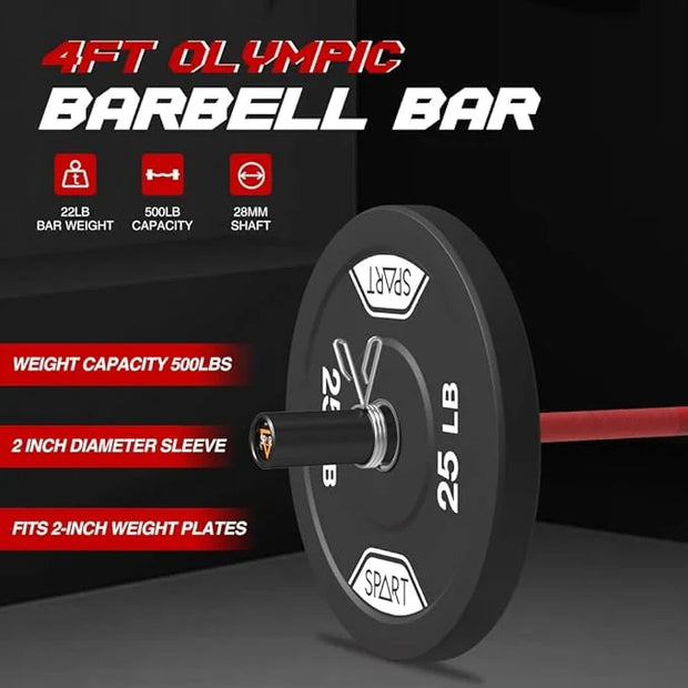 4FT Olympic Barbell Bar 47Inch Straight 2 Collars, 500Lbs Capacity 2 Inch - Product Image