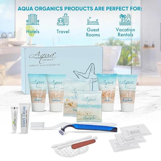 Aqua Organics Amenity & Accessory Kit | 1 oz Shampoo, Conditioner, Lotion, Body Wash, Body Bar, Cleansing Bar, Shave & Den...