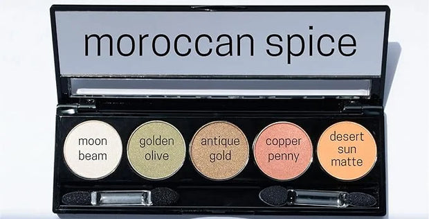 Moroccan Spice Shimmer White, Olive Green, Gold, Copper Penny Red, and Light Matte Orange Vegan Eyeshadow Palette; Talc, P...