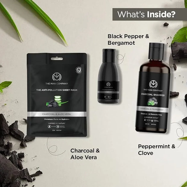The Man Company Ultimate Charcoal Detan Kit with Elegant Gift Box | Charcoal Body wash, Shampoo, Face Scrub, Face wash, Ch...