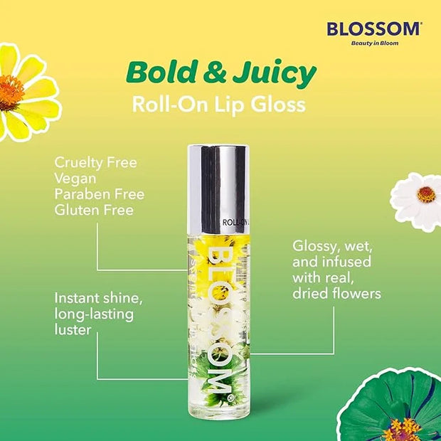 Blossom Roll on Lip Gloss, Scented Clear High Shine Moisturizing Lip Oil, Non Sticky, Infused with Real Flowers, Made in U...