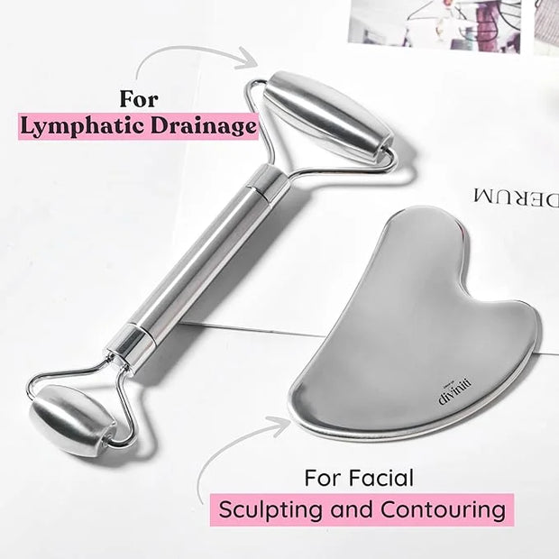 Stainless Steel Face Roller - Premium Gua Sha Facial Tools Stainless Steel GuaSha Tool and Face Roller Set - Gua Sha Stain...