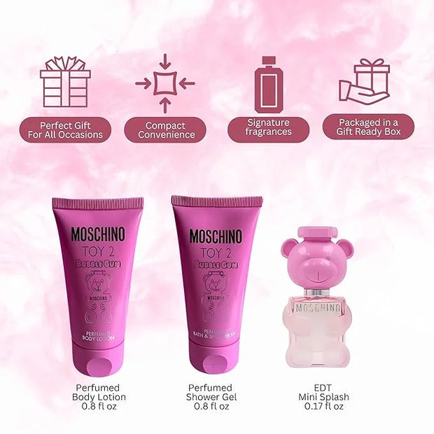 MOSCHINO Toy 2 Bubble Gum 3-Piece Set for Women, (0.17 Oz Eau De Toilette Splash + 0.8 Oz Bath Shower Gel + 0.8 Oz Body Lo...