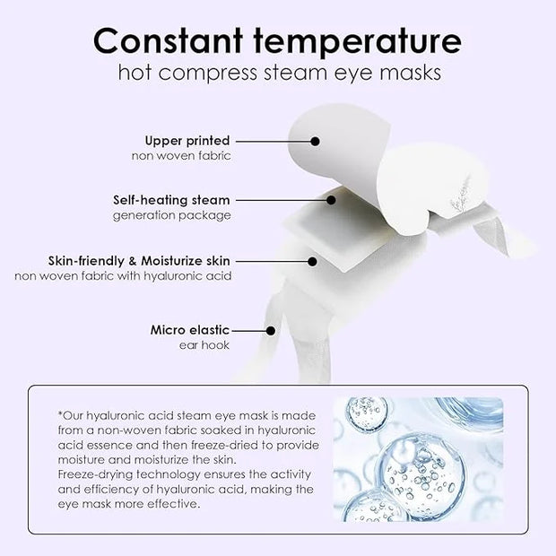Disposable Hyaluronic Acid Eye Masks for Sleep & Relaxation, Heated Steam Eye Masks for Spa & Travel,Relieving Dry Eyes, D...