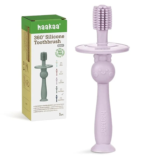haakaa 360° Baby Toothbrush with Suction Base - Gentle Cleaning for Infant Self-Brushing Training, Sorft Food-Grade Silico...
