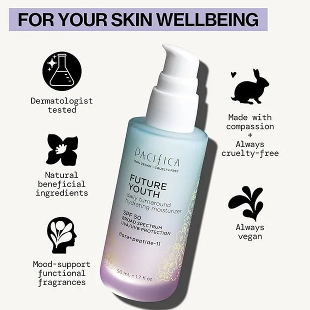 Pacifica Peptide Face Moisturizer Future Youth Daily Turnaround Hydrating, SPF 50 Broad Spectrum, UVA/UVB Sun Protection, ...