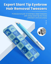 Expert Slant Tip Tweezers with Leather Case, GlamTweeler Sharp & Precision Stainless Steel Tweezer for Eyebrows, Facial Ha...