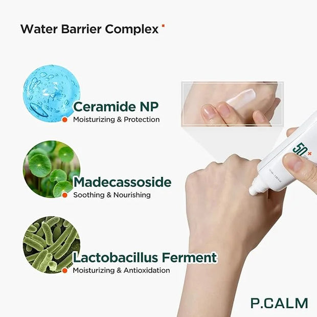 P.CALM Water Barrier Moisturizing Sun Cream Matte-Finish No White Cast SPF 50+ PA++++ Vegan Calming Moisture Daily Sunscre...