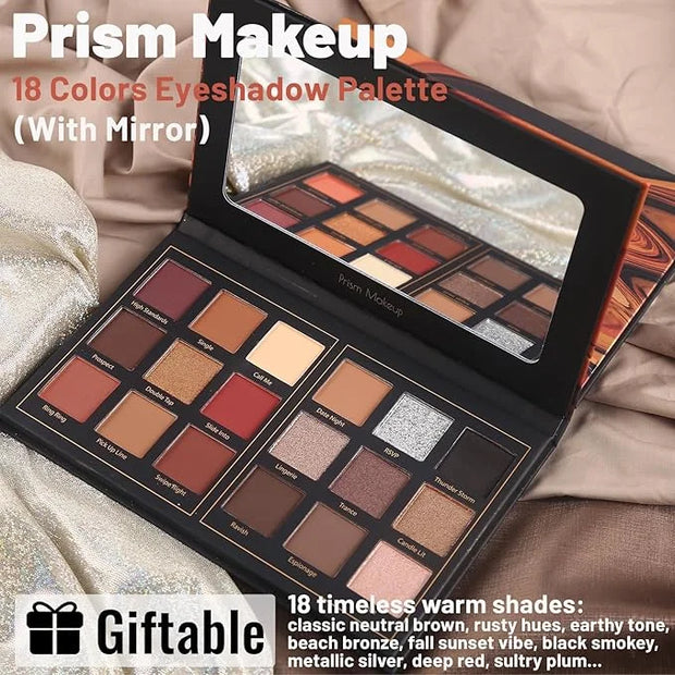 Prism Makeup Matte Eyeshadow Palette Pro 18 Colors Pigmented Shimmer Glitter Eye Shadow Palette, Long Lasting Waterproof S...