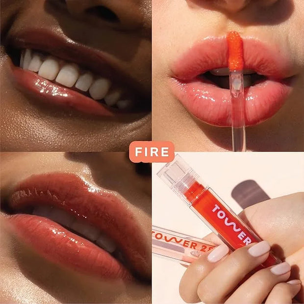 Tower 28 ShineOn Lip Jelly, FIRE, Non-Sticky, Hydrating Vegan Lip Gloss in Sheer Orange, Moisturizing Apricot and Raspberr...