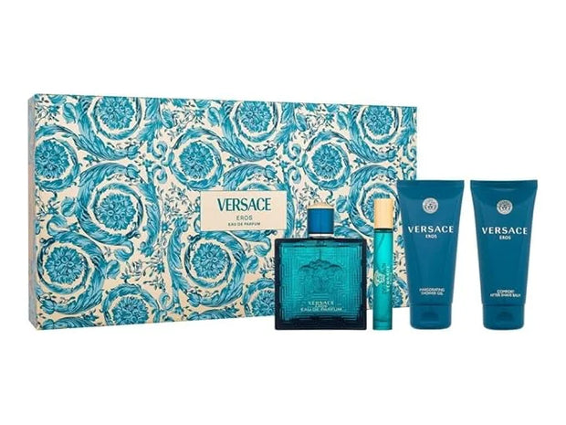 Versace Eros for Men - 4 Pc Gift Set 3.4oz EDP Spray, 2.5oz Shower Gel, 2.5oz After Shave Balm, 0.33oz EDP Spray - Product...