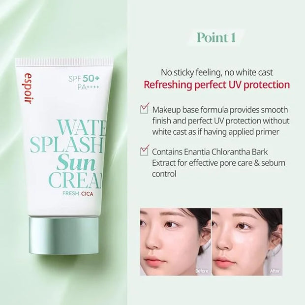 Espoir Water Splash Sun Cream Fresh Cica 2 oz SPF50+ PA++++ | Moisturizing and Soothing Vegan Sun Block Skin Care with Gre...